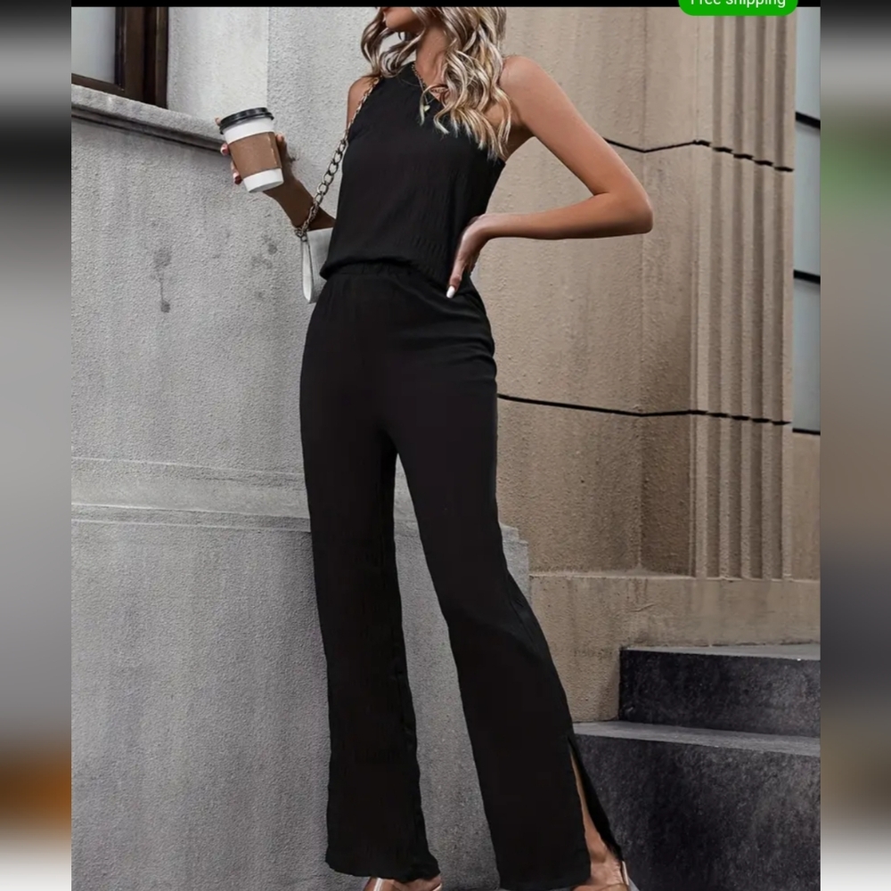 2 Piece Set, Elegant One Shoulder Sleeveless Top & Wide Leg Pants Size Medium or
